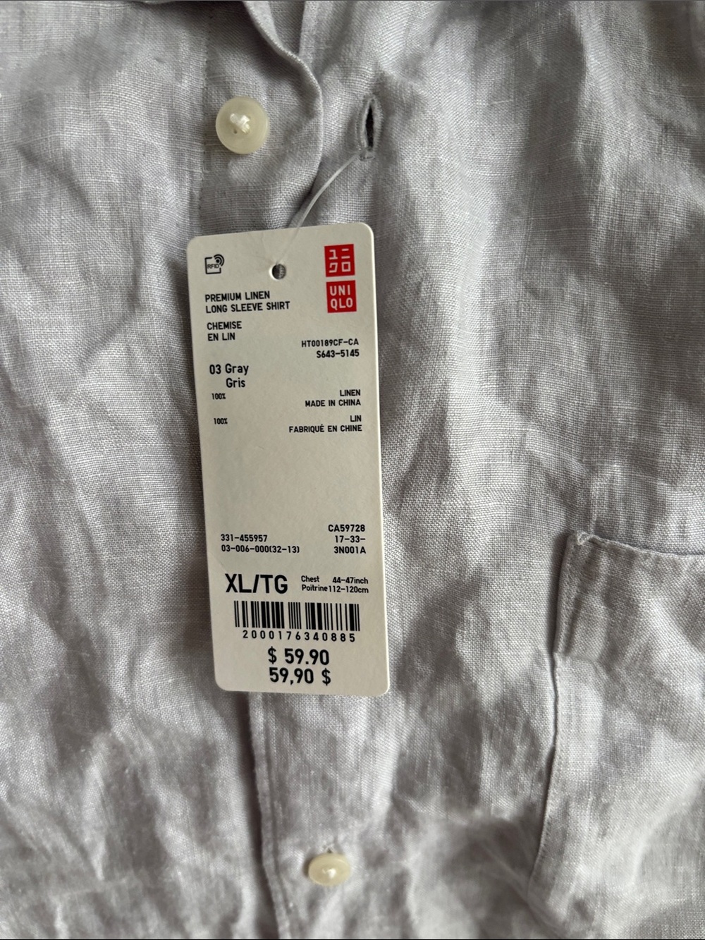 UNIQLO Men's Light Gray Linen Button-Up Shirt - Picture 6 of 6